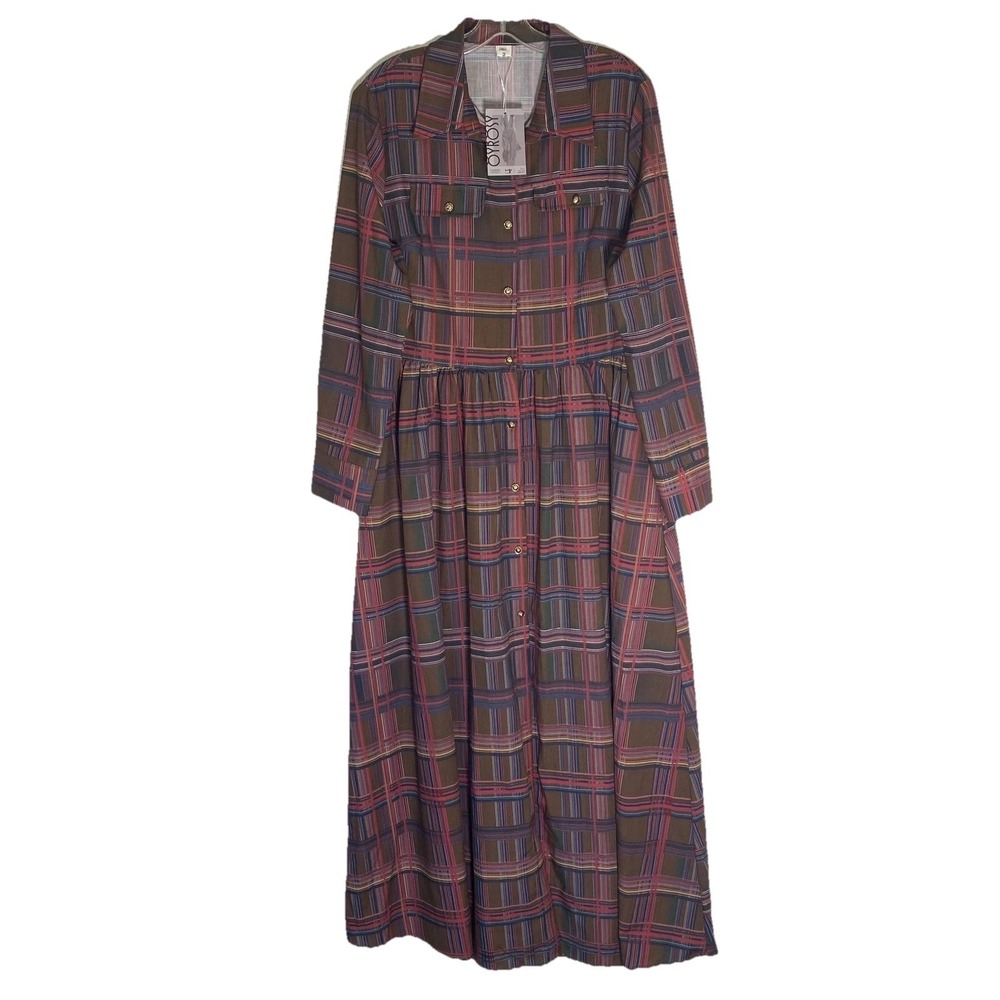 OYROSY Dress Womens XL Multicolor Plaid Maxi Shirt Button Front Pockets Belted